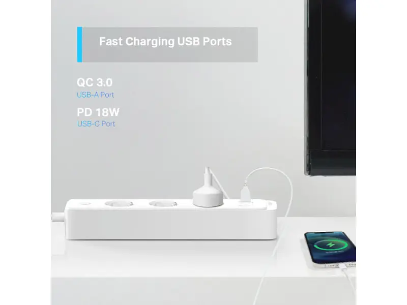 Мережевий фільтр-подовжувач TP-LINK TAPO P300 Smart Wi-Fi Power Strip White, 3 розетки, 1xUSB-C, 2xUSB, 1.5м - фото 8