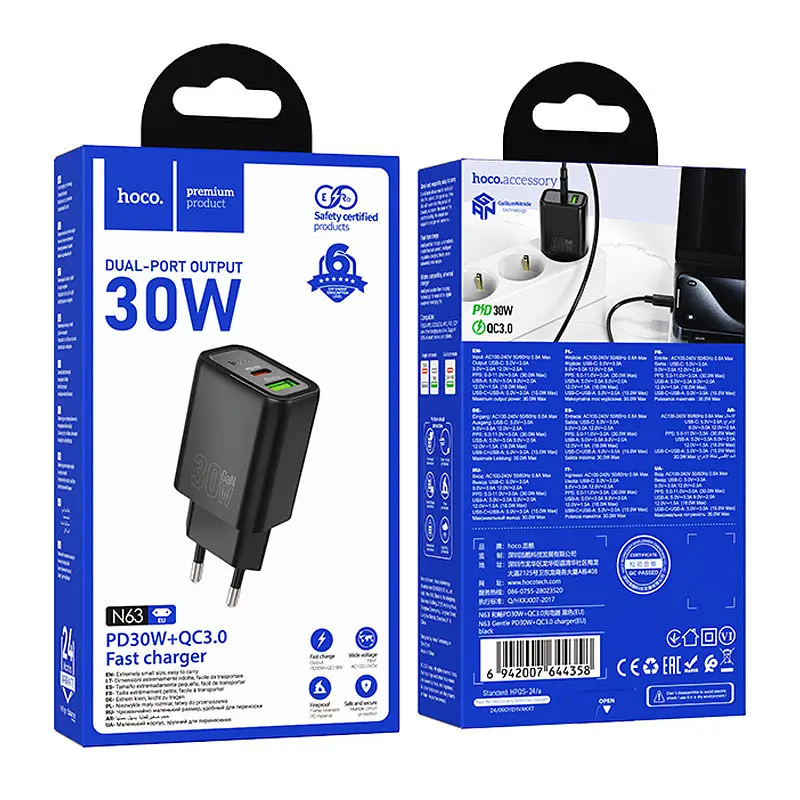 СЗУ Hoco N63 Gentle PD30W+QC3.0 (1USB-A/1C) Black - фото 4
