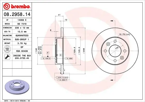 Диск гальмівний передній Renault Clio I-II, R19 I-II, Sandero, Rapid, 81-25р Brembo (08.2958.14) - фото 2