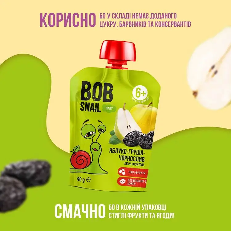 Пюре фруктовое Bob Snail Яблоко-Груша-Чернослив для детей от 6 месяцев, гомогенизированное 90 г - фото 2