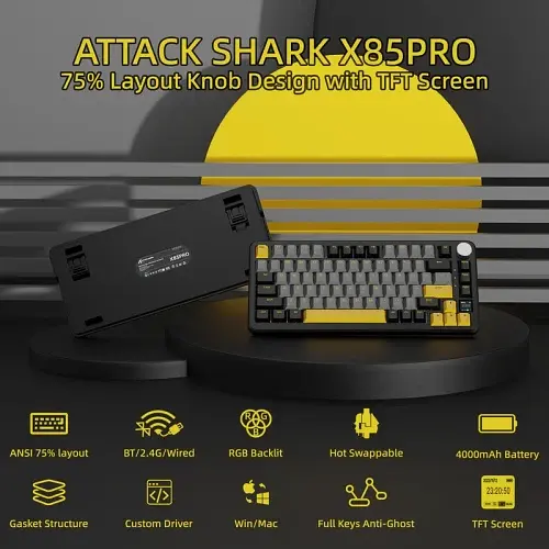 Клавіатура бездротова Attack Shark X85 Pro, Starry Black, Bluetooth 5.0 / 2.4GHz USB / Type-C, механічна (перемикачі Linear Blueberry), RGB підсвічування, 0.85" TFT дисплей, 81 кнопка, акумулятор 4000 mAh, EN/UA (AS-6972792470368-SB-UA) - фото 4