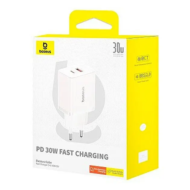 Зарядний адаптер блок живлення Baseus Cube Fast Charger C + U 30 W 2 порти білий - фото 2