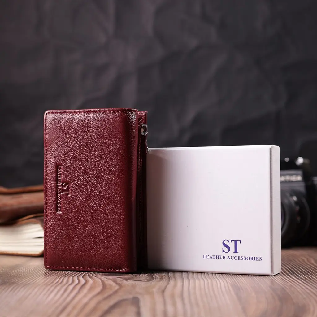 Шкіряний жіночий гаманець у три складання ST Leather 22489 бордовий - фото 8