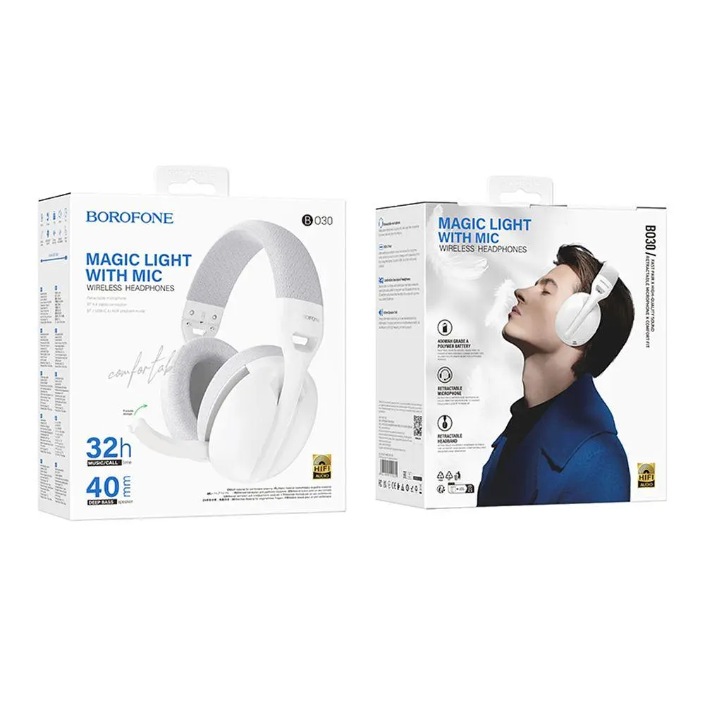 Беспроводные игровые наушники Borofone BO30 Magic light (Bluetooth, Type-C to 3.5 wired) 400mAh, 32h, Белый - фото 3