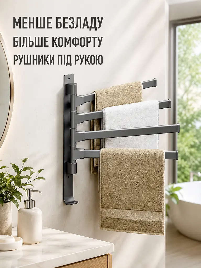 Настінний тримач для рушників поворотний із 4 перекладинами та гачком для ванної кімнати, чорний (49676113) - фото 2