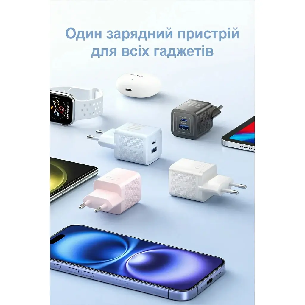 Зарядний пристрій Vention 1xUSB-C PD 30 Вт + 1xUSB QC 3.0 30 Вт GaN білий (FEQW0-EU) - фото 10