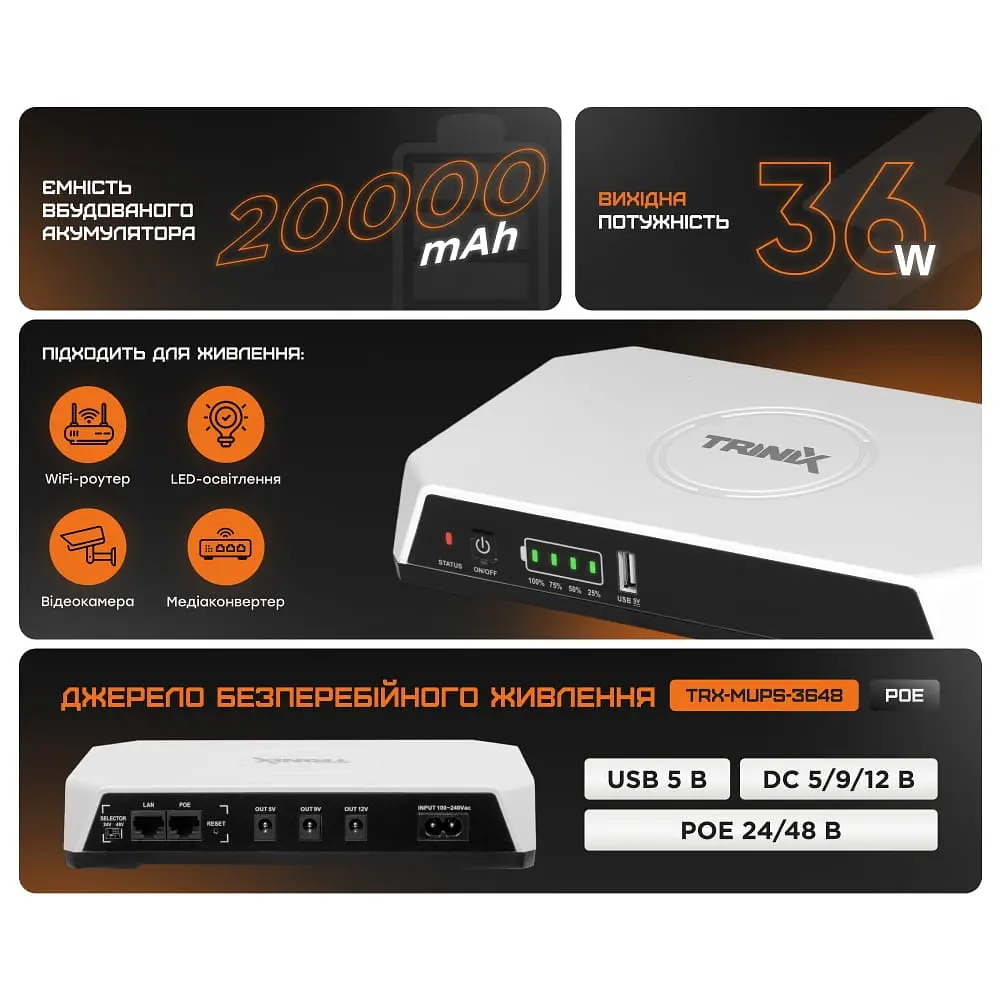 Джерело безперебійного живлення DC UPS Trinix TRX-MUPS-3648PoE (20000mAh LiFePo4) 5V/9V/12V/24V/48V/PoE, LiFePo4 4*5Ah, для роутера і медіаконвертера (42-00163) - фото 8