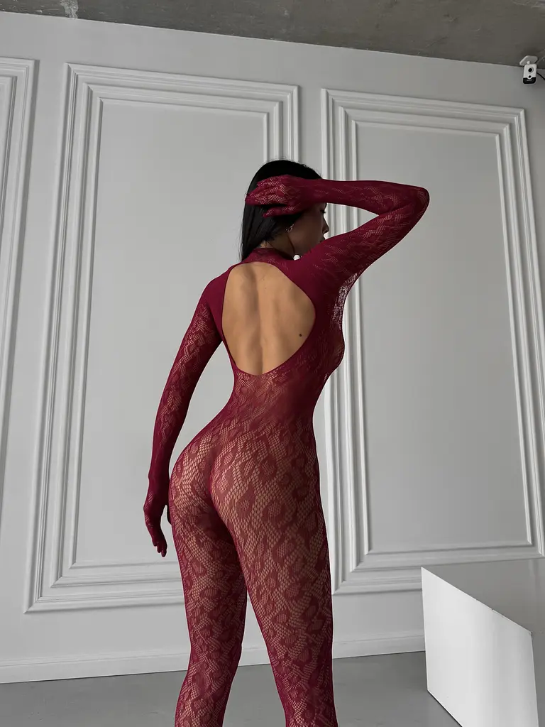 Бодістокінг жіночий закритий у леопардовий принт бордовий S/M/L - фото 3