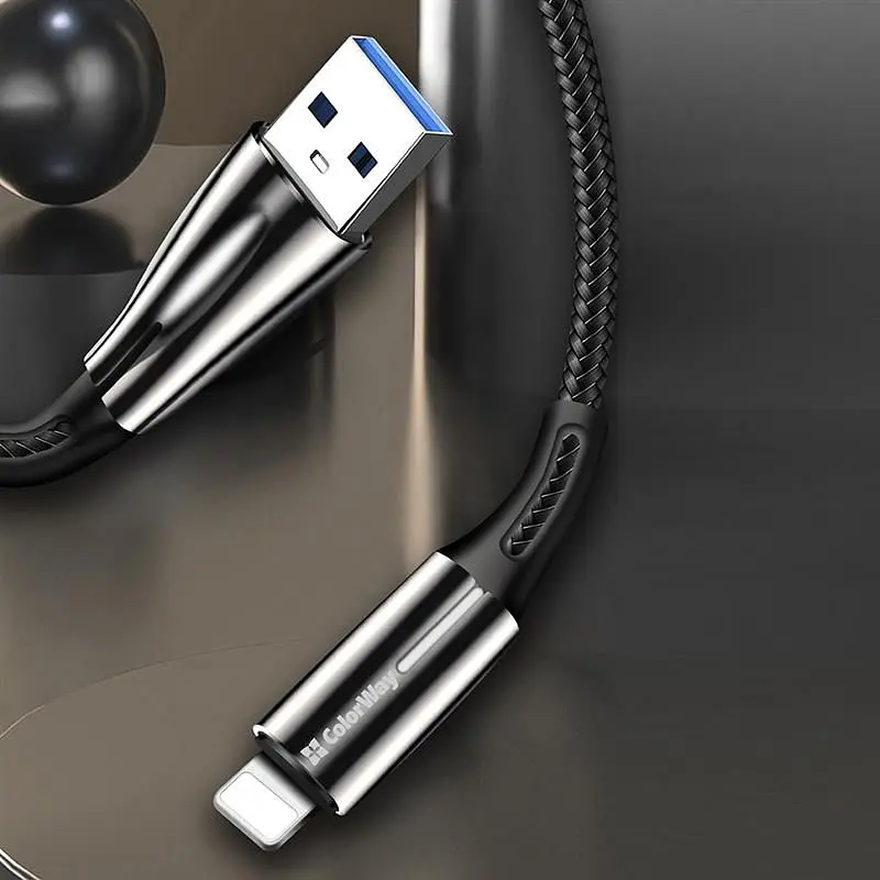 Кабель ColorWay USB - Lightning (M/M), 2.4 А, Zinc Alloy + Led, 1 м, Black (CW-CBUL035-BK) - фото 7