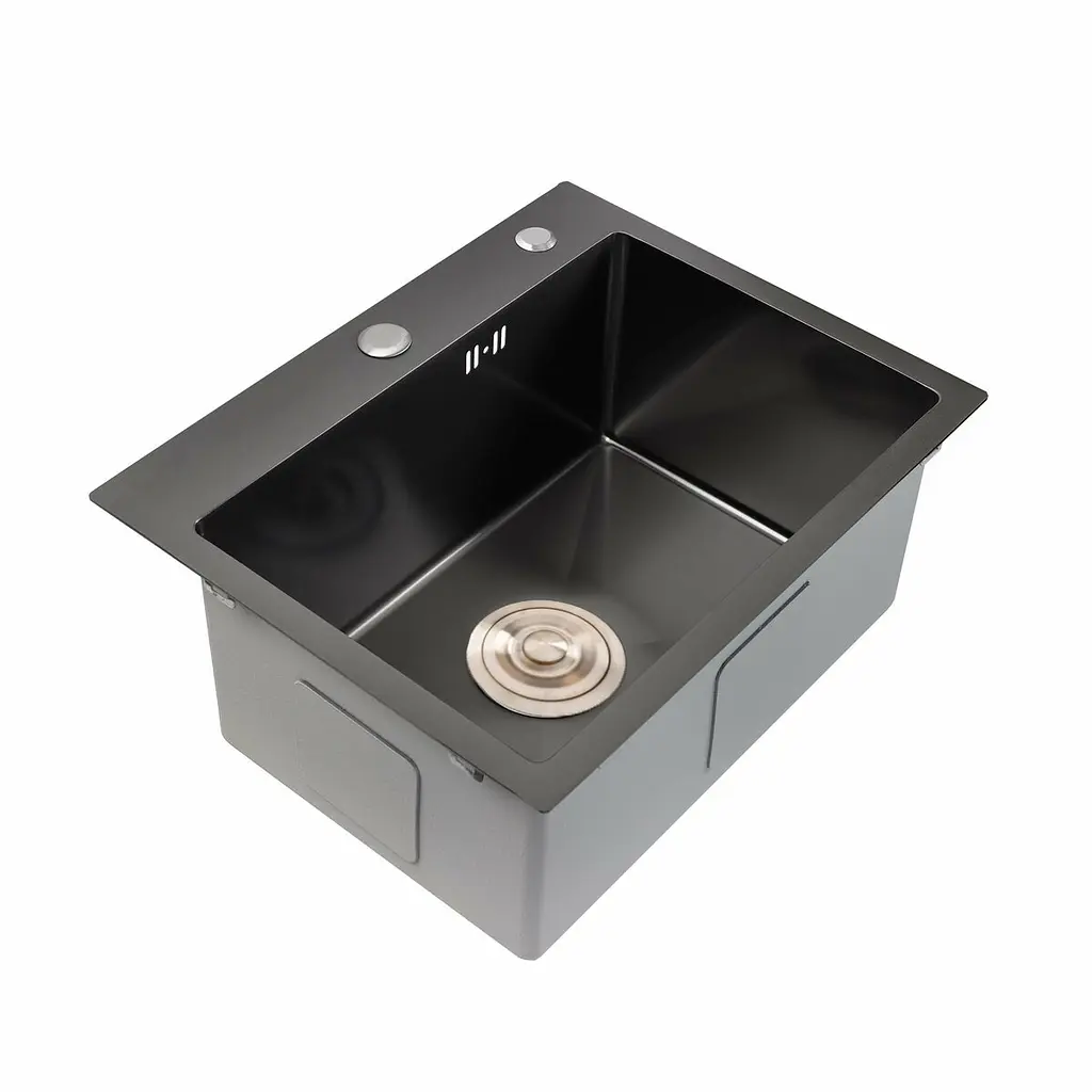 Кухонная мойка Platinum Handmade PVD черная 500x450x220 (толщина 3,0/1,5 мм, корзина и дозатор в комплекте), Черный - фото 3