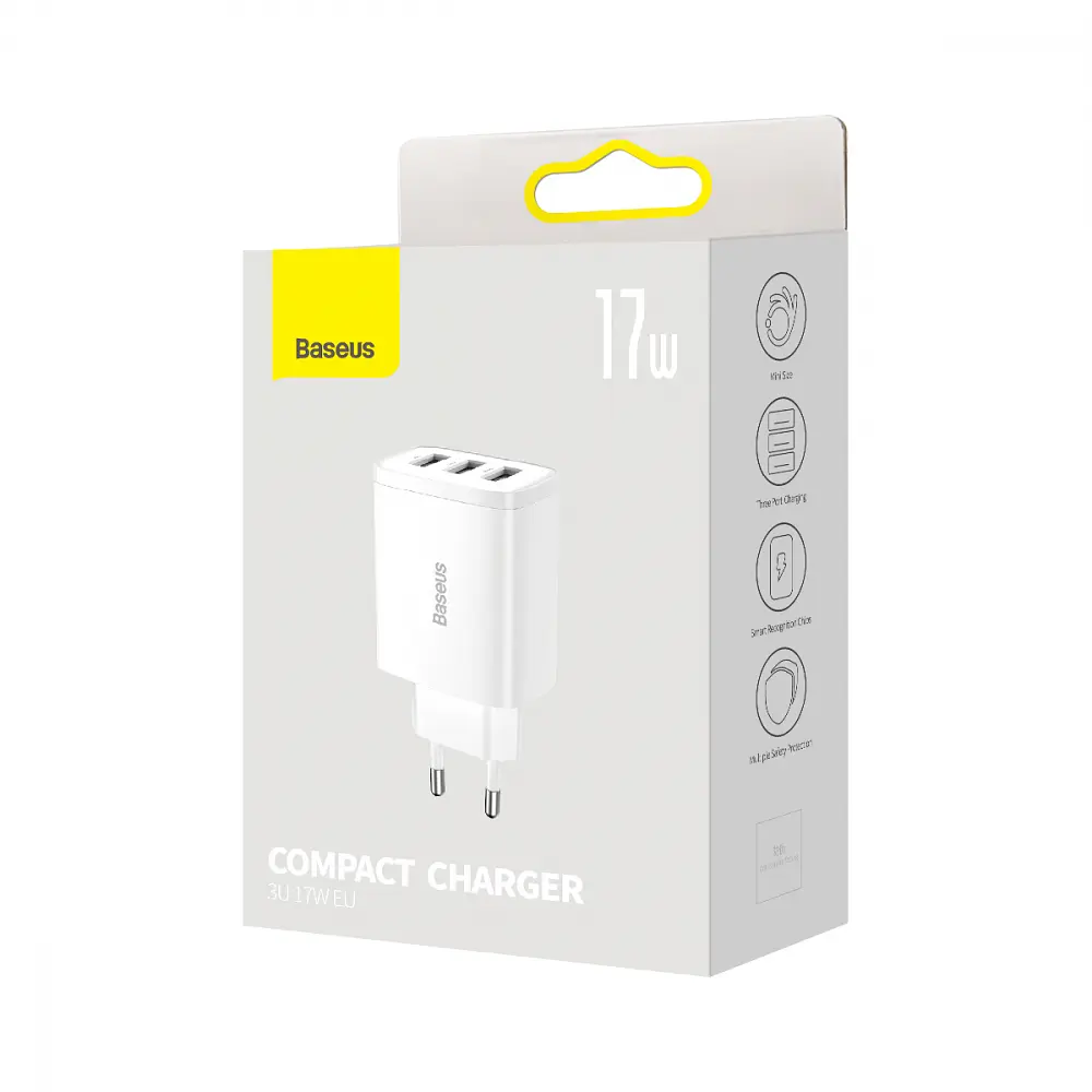 Мережевий зарядний пристрій Baseus Compact Charger 3U 17W 3USB White (CCXJ020102) [74464] - фото 6
