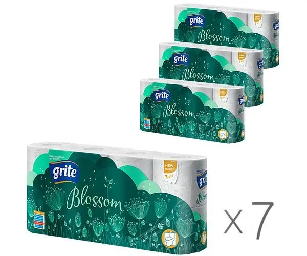 Grite Blossom, 8 рул., Упаковка 7 шт., Грит Блоссом, туалетний папір, 3 шари - фото 2