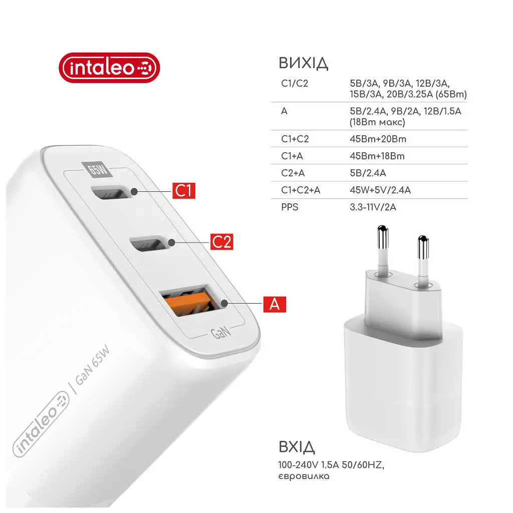 Зарядний пристрій Intaleo 65 Вт GaN 2xUSB-C PD + USB-A QC 3.0 білий (1283126559525) - фото 3