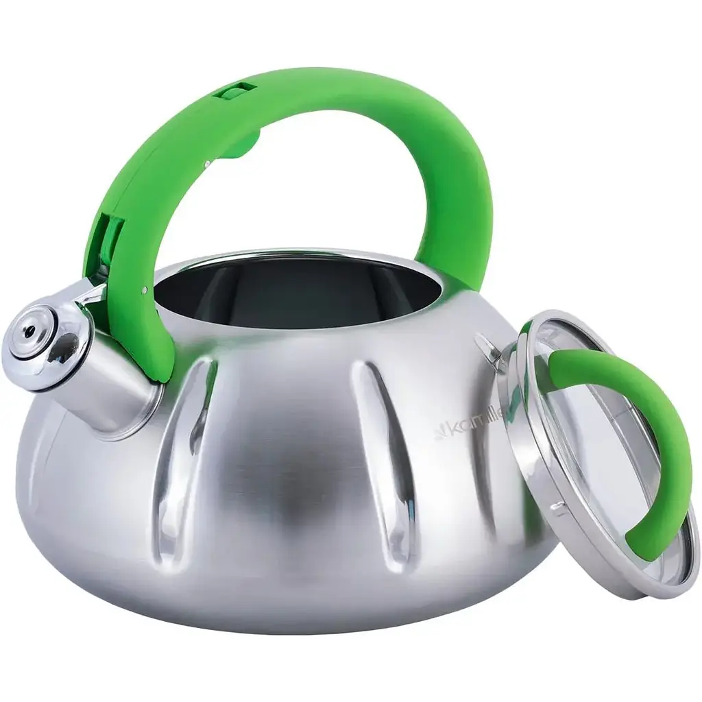 Чайник Kamille з нержавіючої сталі зі свистком зелена ручка 3 л (0671) - фото 3