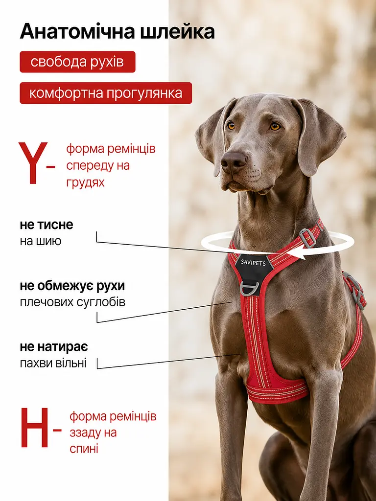 Шлея для собак Duomm No-Pull з повідцем, регульована та світловідбивна червоний, M - фото 5