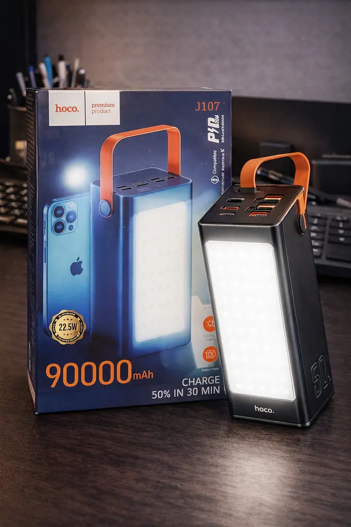 Повербанк з ліхтарем 90000 mAh 22.5 W Hoco J107 Super 333Wh PD20 W 4xUSB / Type-C / MicroUSB