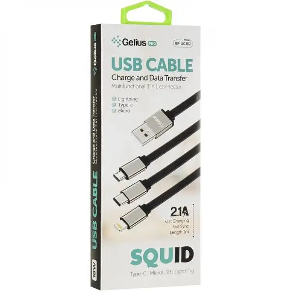 USB кабель Gelius Pro Squid 3in1 MicroUSB/Lightning/Type-C 2.1A 1 м GP-UC102 Black - фото 2