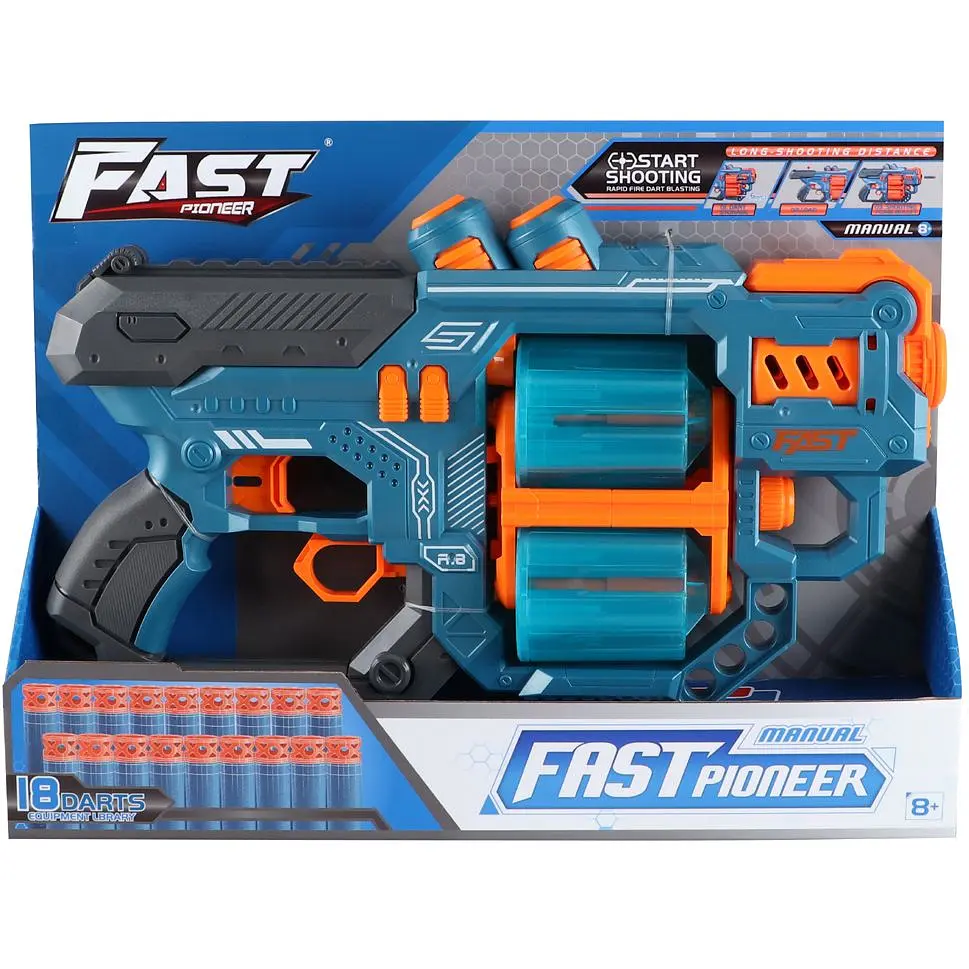 Іграшковий пістолет Fast Pioneer Manual з подвійним барабаном та м'якими набоями 18 шт. синій (BH804) - фото 2