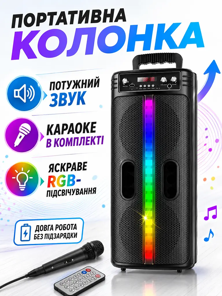 Портативна Bluetooth-колонка чорна 20 Вт з мікрофоном і RGB-підсвічуванням (49676025) - фото 2