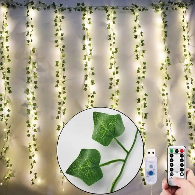 Гирлянда-штора с листьями плюща SunLamp 3×2 м, 200 LED, USB, с пультом - фото 3