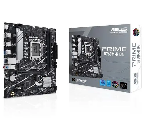 Материнська плата LGA1700, Asus PRIME B760M-R D4, B760, 2xDDR4, Int.Video(CPU), 4xSATA3, 2xM.2, 1xPCI-E 4.0 x16, 2xPCI-E 4.0 x1, Realtek 7.1, Realtek 2.5Gb, 6xUSB3.2/6xUSB2.0, HDMI, MicroATX