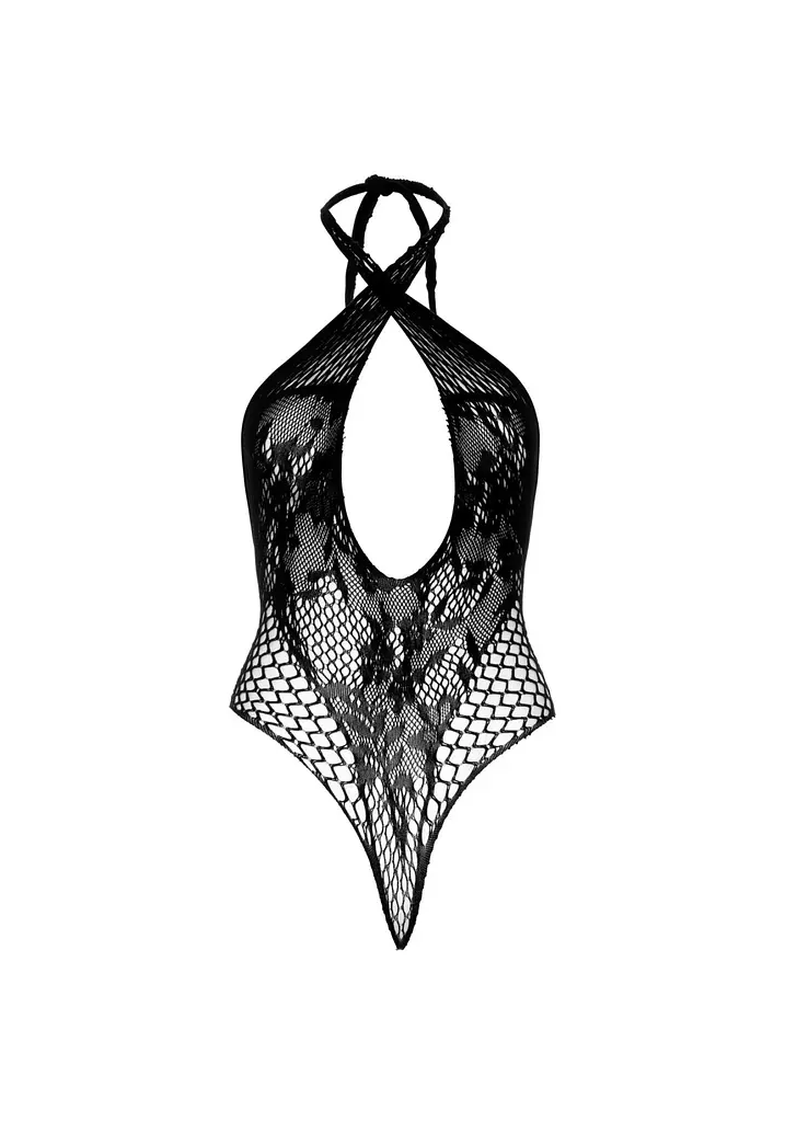 Мереживне тедді Leg Avenue Lace and net halter teddy One size Black, глибокий виріз, халтер - фото 7