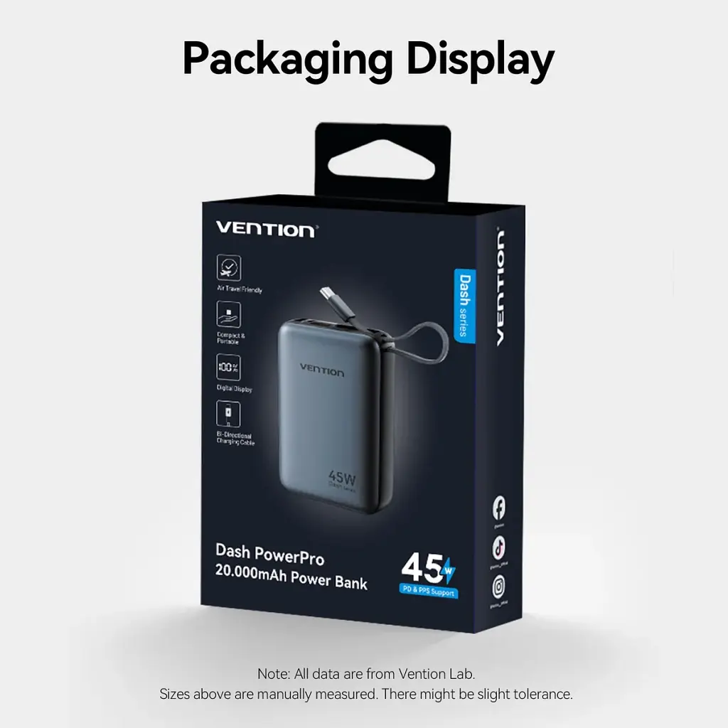 Батарея універсальна Vention 20000 mAh 45W Mini with Built-in USB-C Cable Gray (FHGH0) - фото 2