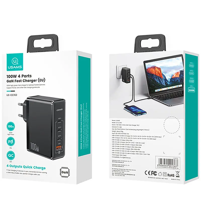 МЗП Usams US-CC163 T50 4 Ports GaN Fast Charger 100W (1USB-A/3C) Black - фото 5