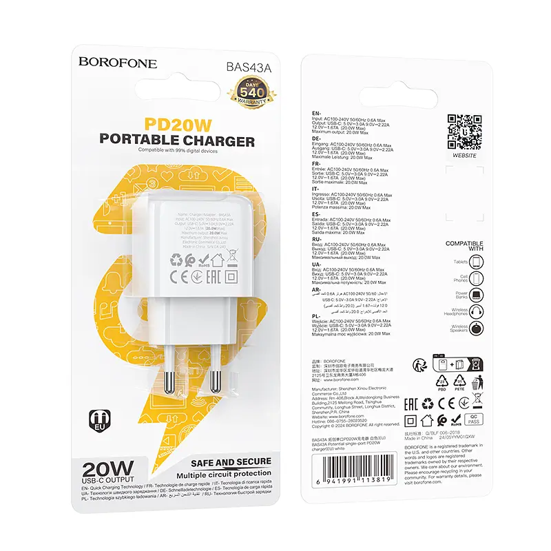 Мережевий зарядний пристрій Borofone BAS43A Potential single-port PD20W charger(EU) білий - фото 2