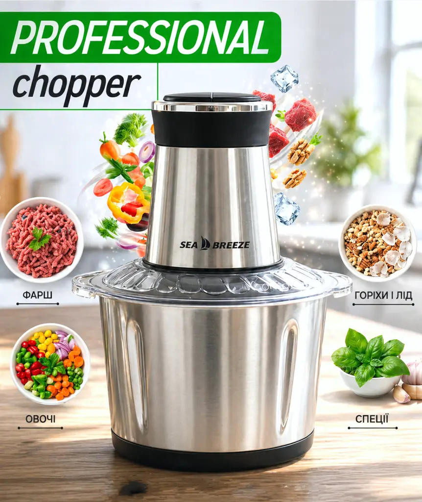 Подрібнювач для кухні SeaBreeze MultiFunction Food Chopper 3в1 з металічною чашою на 2 л 1600 Вт - фото 2