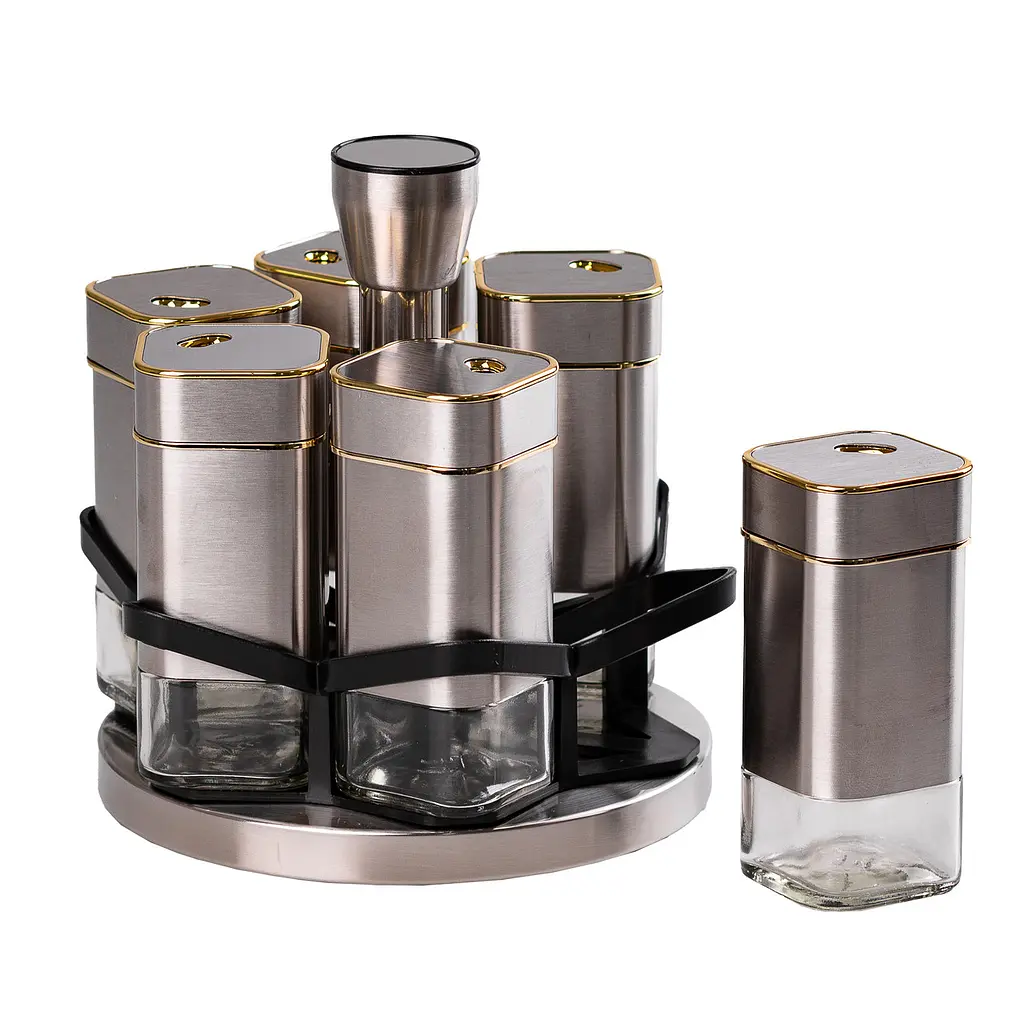 Набір ємностей для спецій на підставці 6 баночок по 120 мл, хром із золотом TS Kitchen HP531T1025J - фото 3