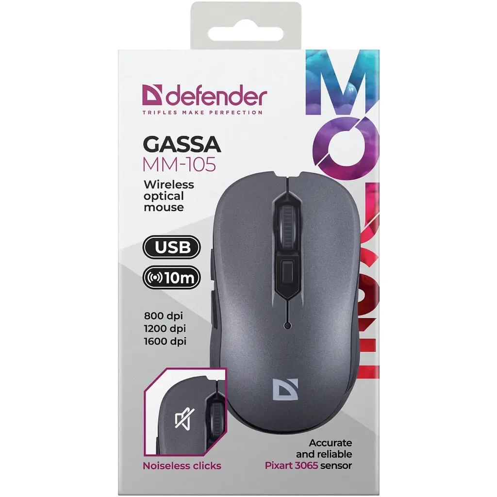 Мишка Defender Gassa MM-105, бездротова, 6 кнопок, 1600 dpi, безшумна сіра - фото 2