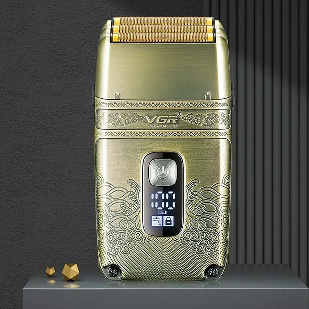 Електробритва шейвер VGR V-335 від USB, з LED-дисплеєм, Золотистий / Професійна бритва з трьома ножовими блоками - фото 7