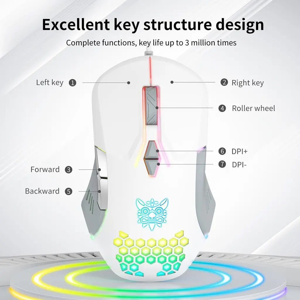 Компьютерная мышка Onikuma C12 для ПК и ноутбука ведущая USB с RGB подсветкой и 800-6400 DPI эргономичная Белый - фото 4