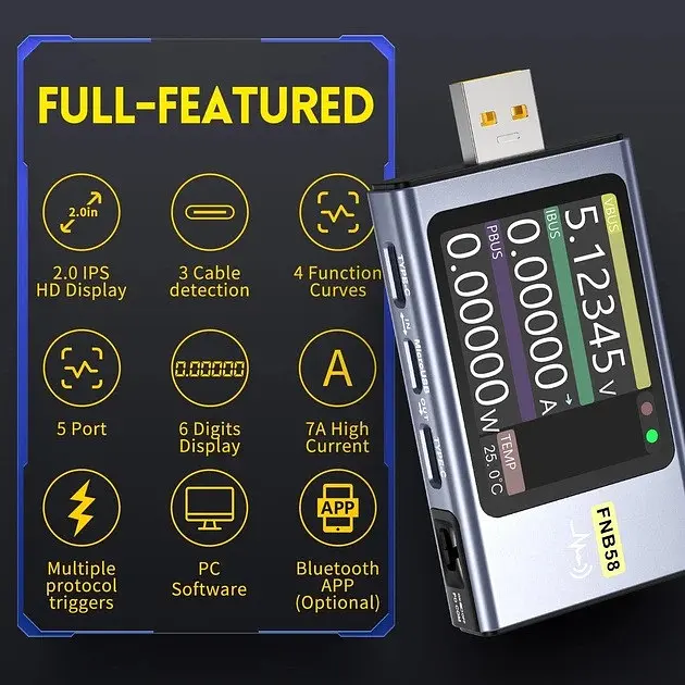 Тестер USB для зарядних пристроїв FNIRSI FNB58 з Bluetooth сріблястий - фото 5