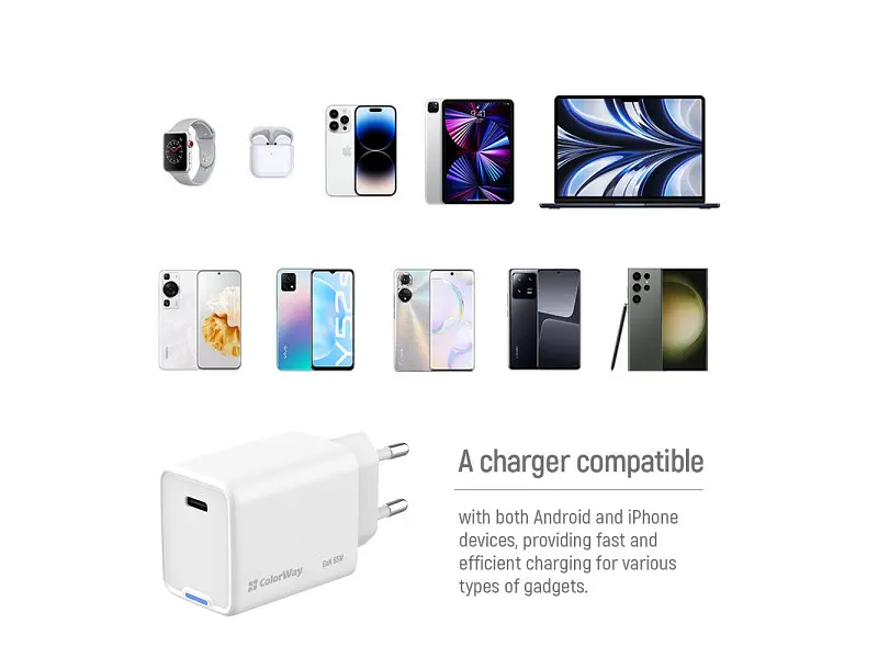 Мережевий зарядний пристрій ColorWay GaN Mini 65 W White (CW-CHS049PD-WT) - фото 7