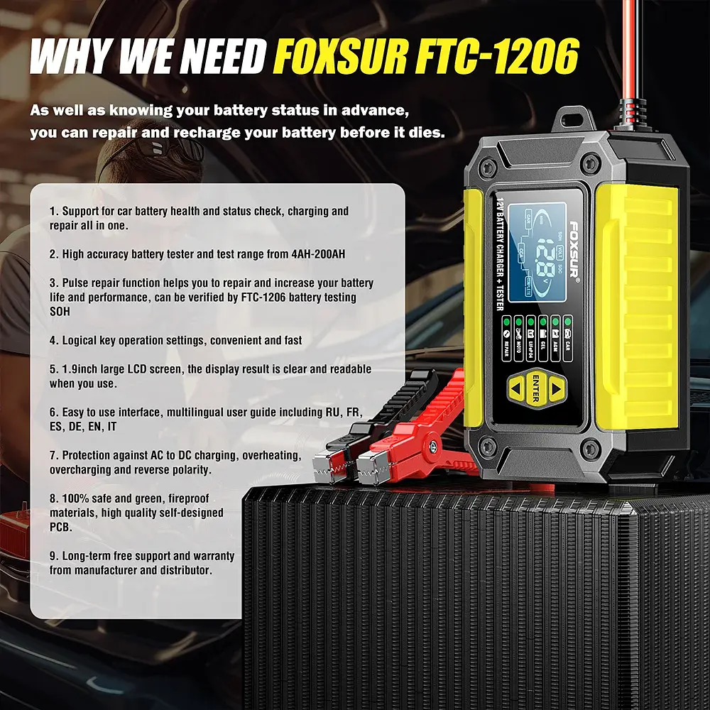 Імпульсний зарядний пристрій 12V/6A автомобільний АКБ Foxsur FTC-1206 Тестер автомобільних акумуляторів Yellow (19441) - фото 5