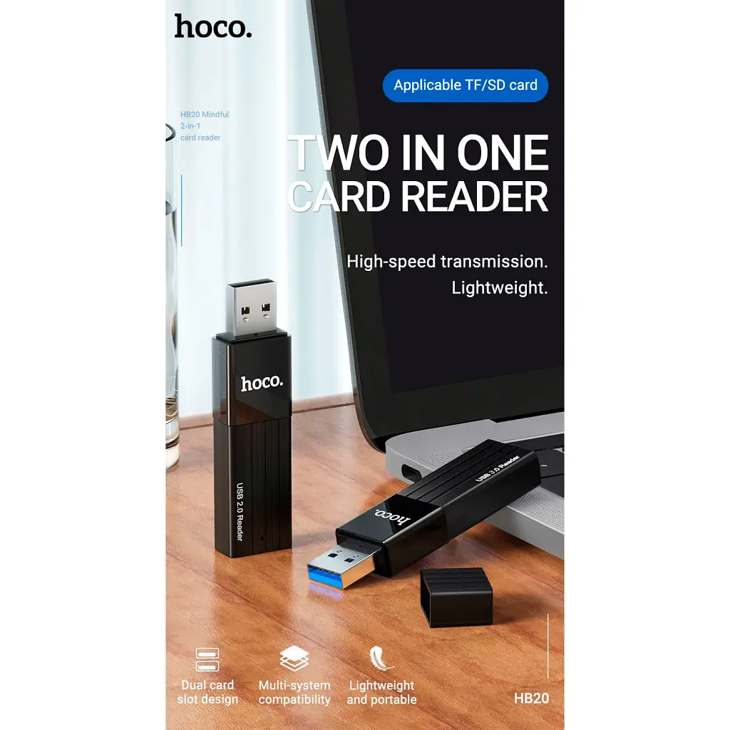 Зчитувач флеш-карт HOCO USB3.0 to microSD, microSDHC, microSDXC, SD, SDHC, SDXC, HB20 Black (6931474735218) - фото 5
