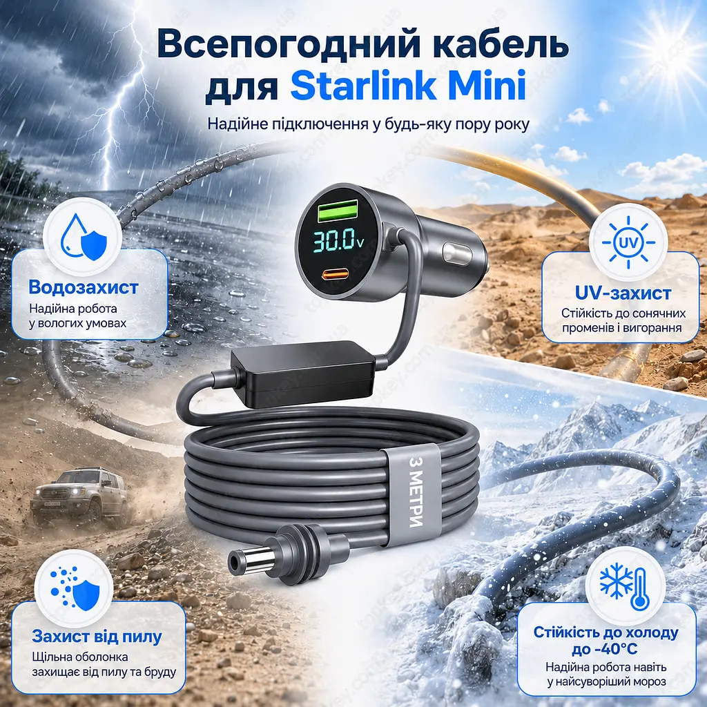 Кабель живлення Starlink Mini 3 м 30V 2A від прикурювача з бустером напруги 12V/24V USB-C USB-A для Starlink Gen3 - фото 11