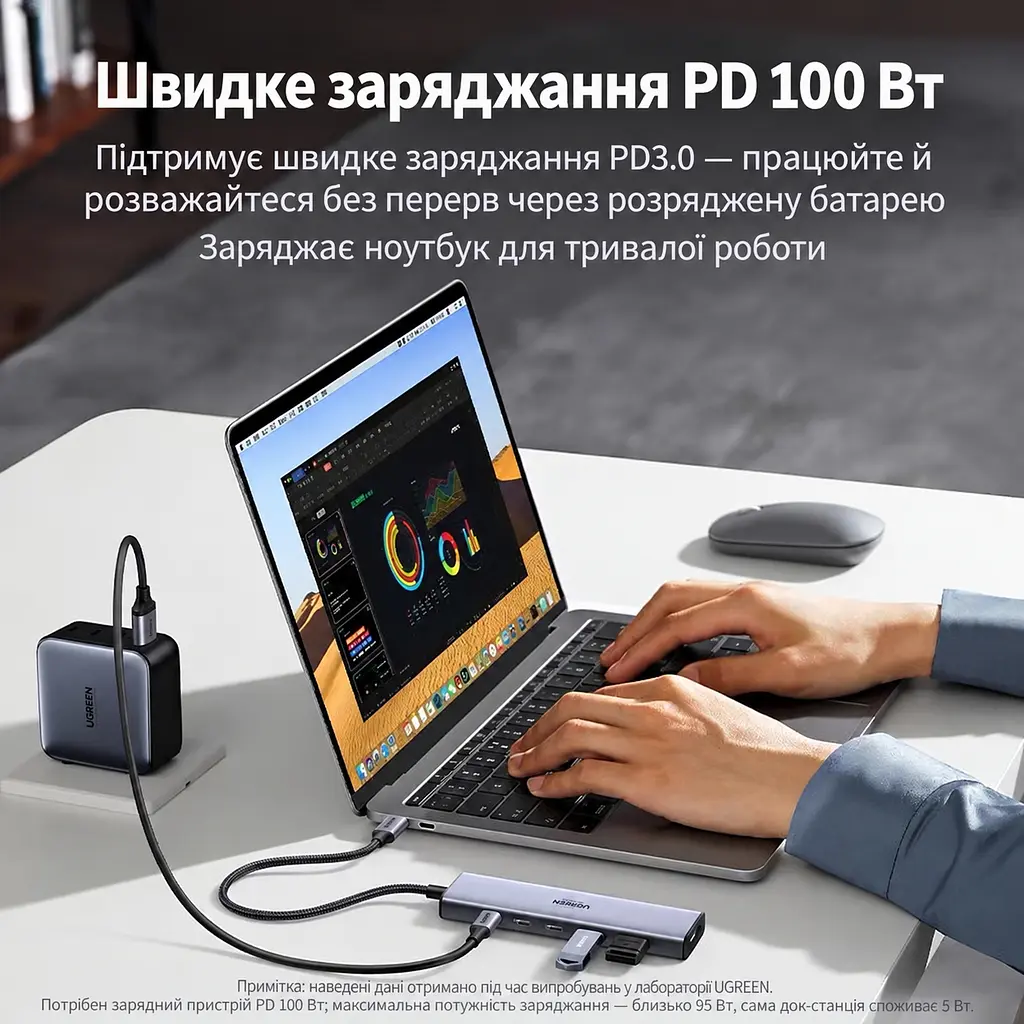 Док-станція UGREEN CM500 USB-хаб підключення до комп’ютера USB-C USB4 2 USB-A та 2 USB-C лише для даних USB 3.2 Gen2 до 10 Гбіт/с спільно для всіх портів даних відеовихід HDMI 2.1 до 8K 60 Гц для HDMI потрібен відеосигнал DisplayPort через порт комп’ютера вхід живлення USB-C PD 3.0 100 Вт із заряджанням ноутбука до 95 Вт заряджання лише для ноутбуків із прийманням живлення USB-C PD для максимальної потужності заряджання потрібен зарядний пристрій PD 100 Вт вбудований кабель 20 см космічний сірий (25102) - фото 4