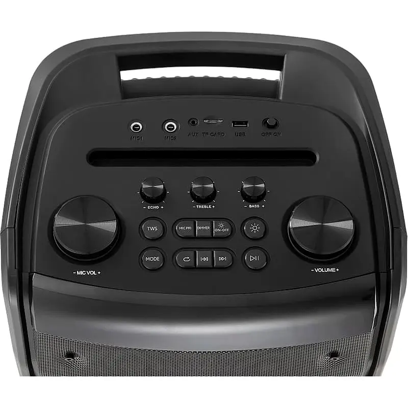 Колонка портативная 2.0 Real-El X-797, Black, 90 Вт (2 x 45 Вт), Bluetooth, AUX/USB/microSD, RGB подсветка, два микрофонных входа с функцией `эхо`, пульт ДУ, аккумулятор 88.8 Вт/ч - фото 6