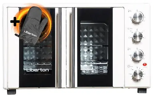 Електродуховка Liberton LEO-500 White, 1700W, 50л, подвійні розпашні дверцята, 6 режімів нагріву, конвекція, підсвітка, 70-250 °C, механічне керування, таймер, рожен, решітка, деко, лоток для крихт та жиру, тримач для дека, ТЕРМОРУКАВИЦЯ У ПОДАРУНОК - фото 2
