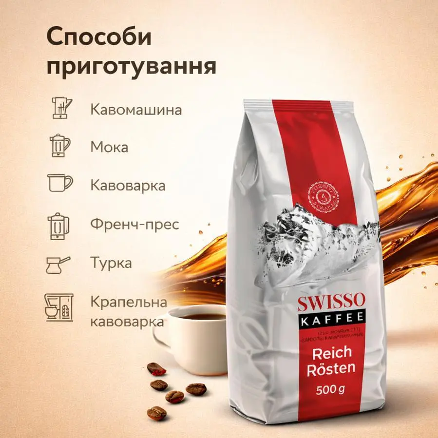 Натуральна кава в зернах Swisso Kaffee Reich Rösten 100% Арабіка 500 г для кавомашини - фото 5