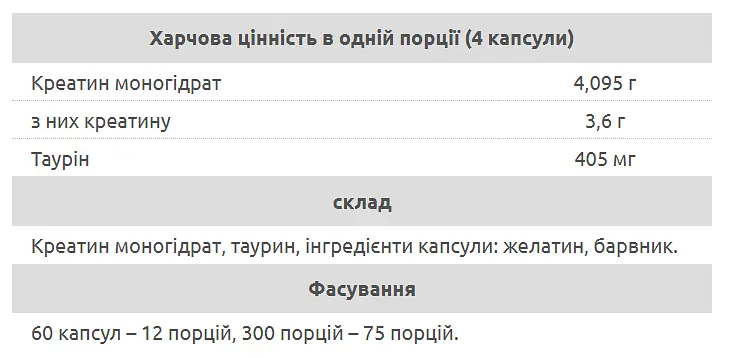 Креатин Evolite Nutrition Моногідрат з Таурином 1000 мг Xtreme - 300 капсул - фото 2