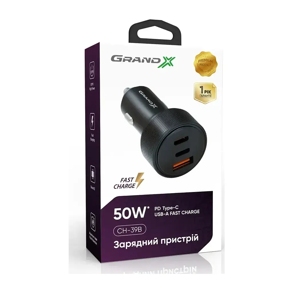 Зарядний пристрій Grand-X CH-39B 50W 1xUSB + 2xUSB-C PD + QC3.0 AFC FCP SCP VOOC Black (CH-39B) - фото 2