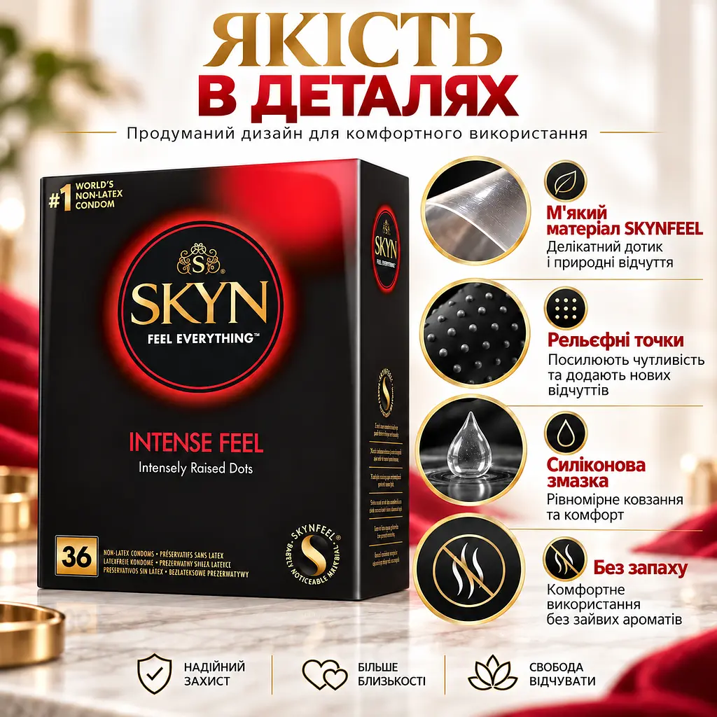 Безлатексні презервативи SKYN Intense Feel 36 шт поліізопренові 53 мм з точковою текстурою та силіконовою змазкою - фото 5