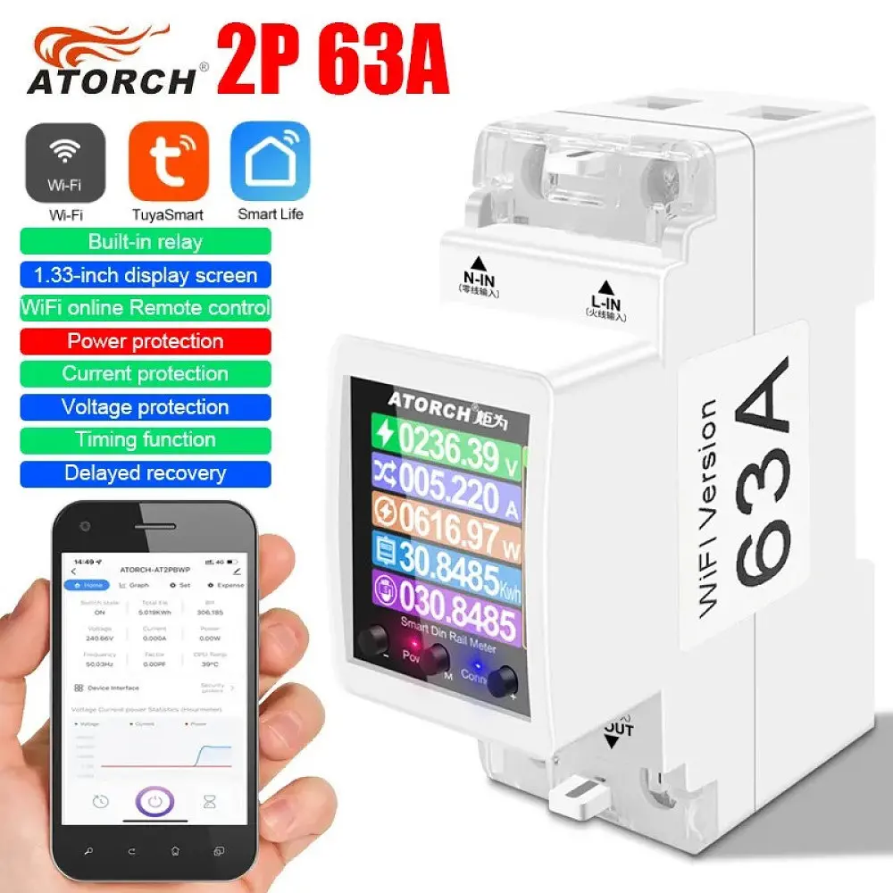 Лічильник електроенергії Atorch GR2PWS 100A Tuya Wi-Fi на DIN-рейку двотарифний - фото 2