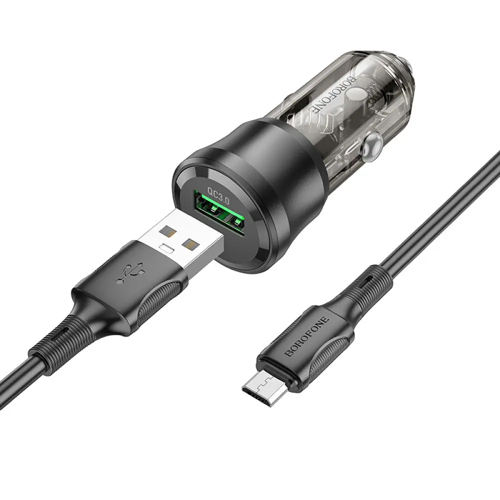Автомобільний зарядний пристрій Borofone BZ23 1USB QC3.0/18W 5V/3A 9V/2A 12V/1.5A USB/MicroUSB Transparent Black (34165_3337972) - фото 6