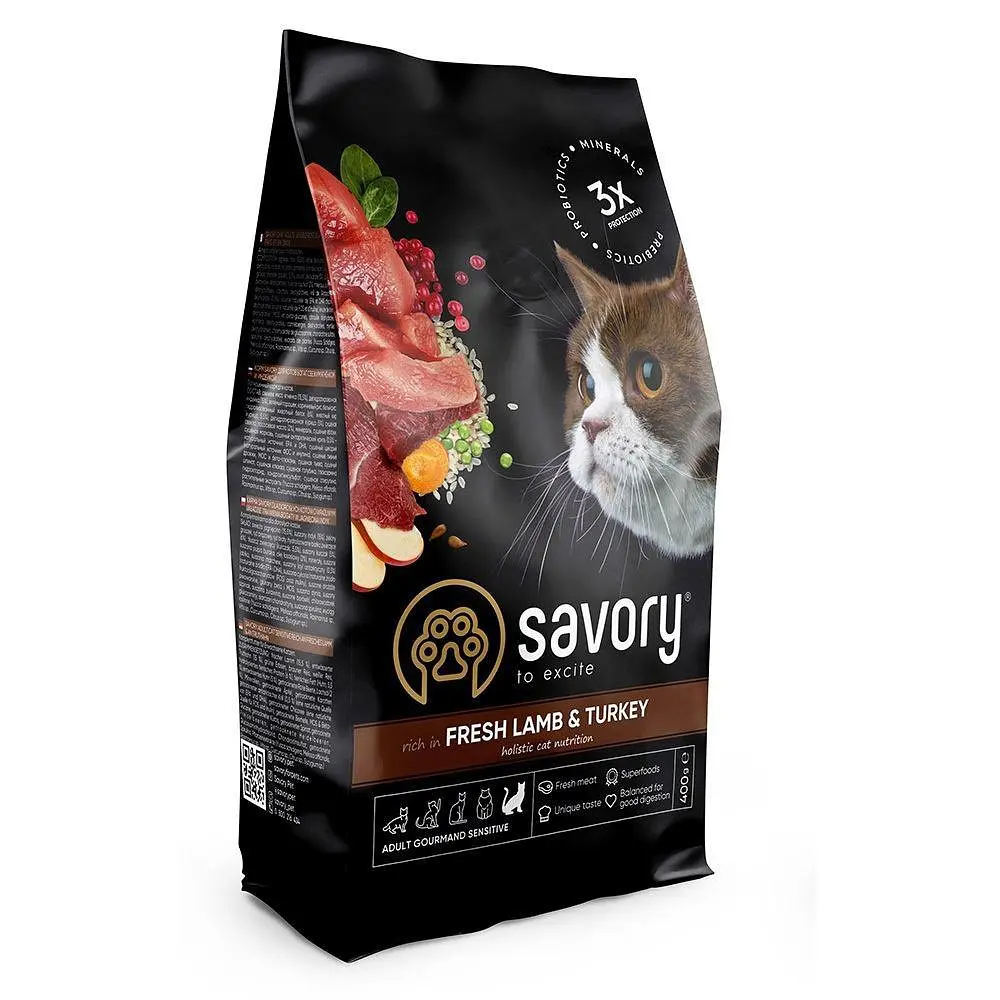 Сухий корм Savory для котів із чутливим травленням, зі свіжим ягням та індичкою, 400 г (арт.30075)