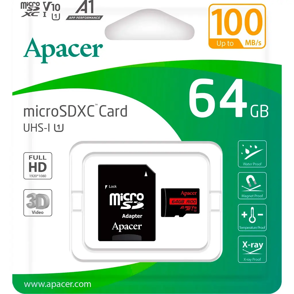 Карта пам'яті Apacer MicroSDXC R100 64GB Class 10 UHS-I/U1 + SD adapter (AP64GMCSX10UB-R) [139259] - фото 4